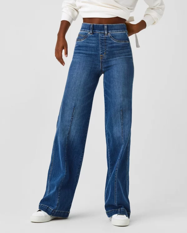 spanx Vintage Indigo тігілген алдыңғы кең аяқты джинсы